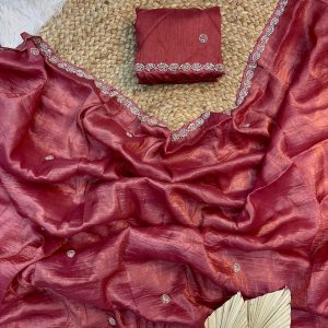 V0004-Fancy gold border crush saree with hand embroidery