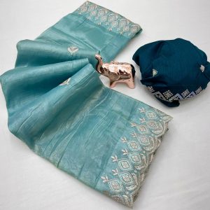 V0007-Soft Gold crush saree with thread sequence embroidery work.*