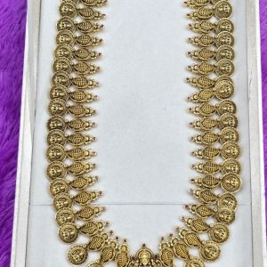 V824 - gold replica lakshi kaasu with lakshi idol locket long haram with earrings