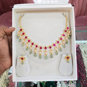 V859 - premium jadav kundan neckset with real Swarovski pearls & real strawberry emrolds